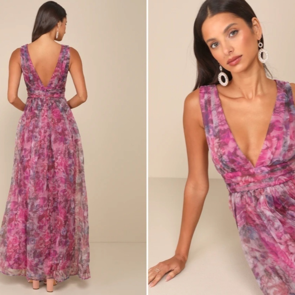 LULU's Floral Sexy Flowy Prom Wedding Chic Elegant Magenta Maxi Dress - Picture 3 of 3